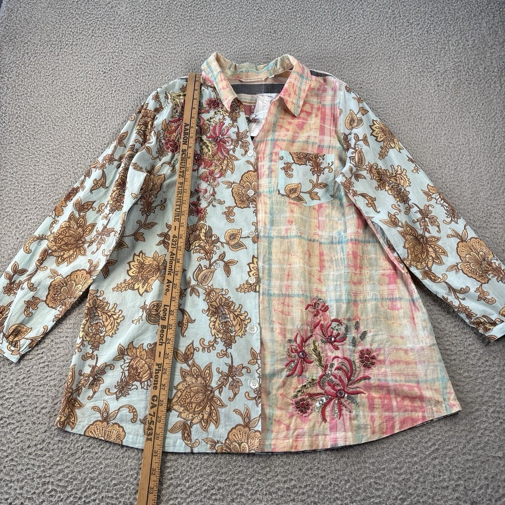 Soft Surroundings Descansa Tunic Shirt Womens XL Button Up Aquatic Patchwork NWT - Picture 2 of 12